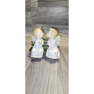 Vintage Shelf Sitting Kissing Angels On Bench  Jeweled Gold Accents